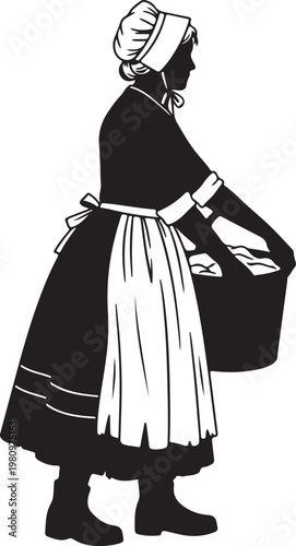 Silhouette of an 1800s woman in a lower-class dress, wearing a bonnet and apron, carrying a basket.