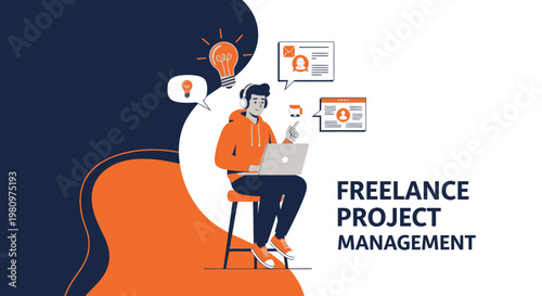 Freelance Project Management: Young man working on laptop with ideas and tasks