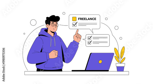 Freelancer pointing at checklist on laptop, working remotely, planning tasks