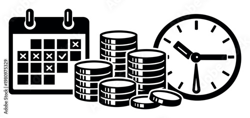Calendar showing marked dates, coin stacks, and a clock illustrating business planning, financial scheduling, and deadlines