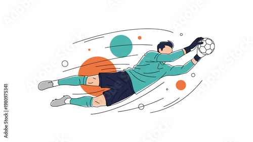 Action illustration of a soccer goalkeeper in mid-air diving to catch a ball with speed lines and abstract elements.