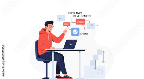 Freelancer Working on Laptop with Development Sprint Workflow and Charts