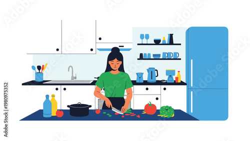 Young woman wearing a green shirt and apron preparing a healthy meal by chopping fresh vegetables in a modern kitchen.