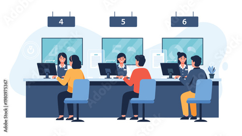 People sitting at a service counter in a bank or office talking to professional clerks at different numbered stations.