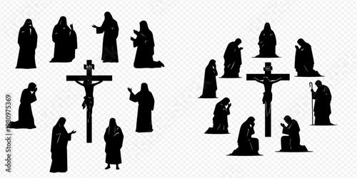 Jesus Christ and disciples silhouettes, religious figures in various poses around the cross, Christian faith vector set.