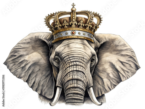 An elephant wearing a crown on its head isolated on transparent background