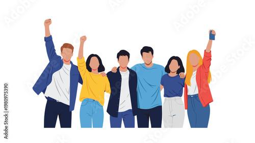 Group of diverse young friends standing together with arms around each other and one person cheering on a white background.
