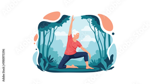 Healthy elderly woman practicing yoga in a beautiful forest setting to improve her wellness and maintain an active lifestyle.