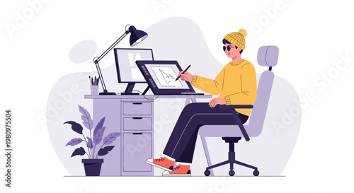Graphic Designer Working on Digital Tablet at Desk with Computer and Plant