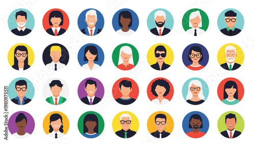 Diverse collection of professional and casual person avatars displayed in colorful circular frames representing global community.