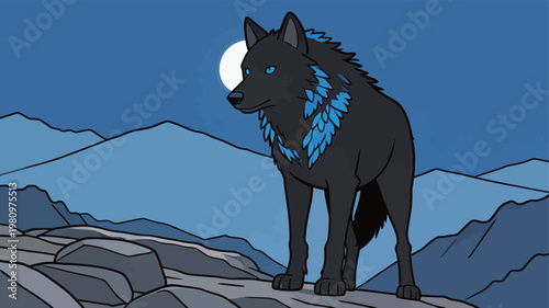 Stylized Black Wolf with Blue Mane in Mountain Landscape