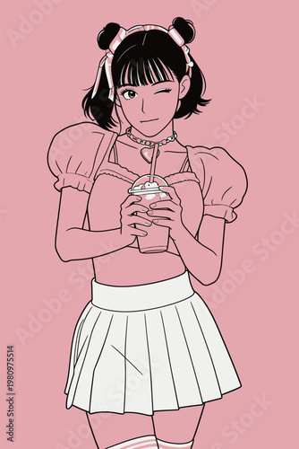 Anime Style Girl with Milk Tea