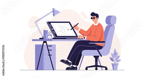 Graphic designer working on digital tablet at desk, modern illustration
