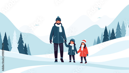 Happy father enjoys a winter walk with his two young daughters in a beautiful snowy mountain landscape with evergreen trees.