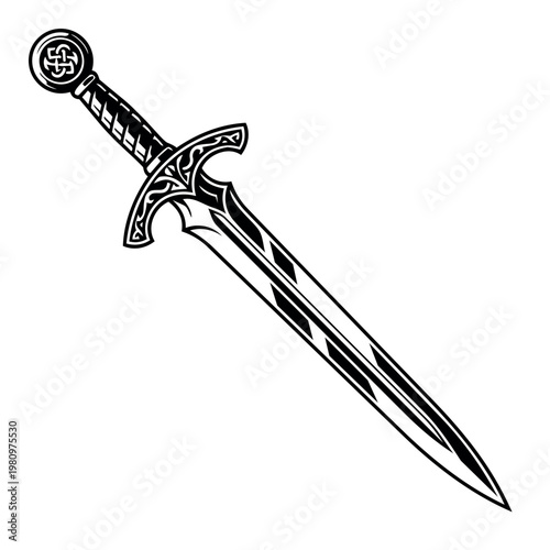 Fantasy sword with a traditional Celtic knot on the pommel, symbolizing power, strength, and historical weaponry design
