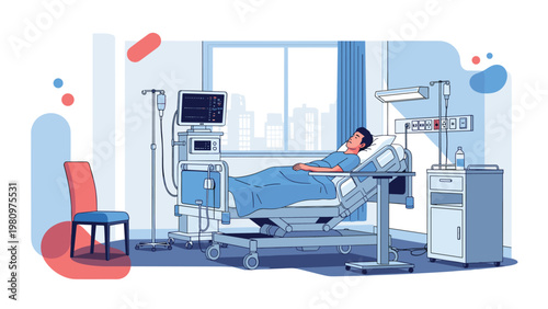 Male patient rests in a modern hospital room equipped with advanced medical monitors, iv stands, and essential healthcare tools.