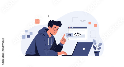 Programmer working on laptop, coding on screen, digital illustration, concept of software development