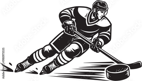 Vintage ice hockey player vector illustration, professional athlete skating with puck, retro sports mascot graphic