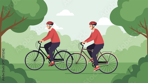 Active senior couple enjoys a healthy lifestyle while riding their bicycles through a lush green park on a sunny summer day.