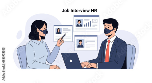 HR manager conducting job interview with candidate wearing face mask, reviewing resumes