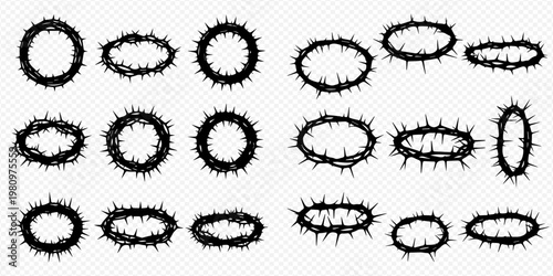 Set of black thorn crowns and wreaths, symbolizing suffering, sacrifice, and religious themes, isolated on transparent background.