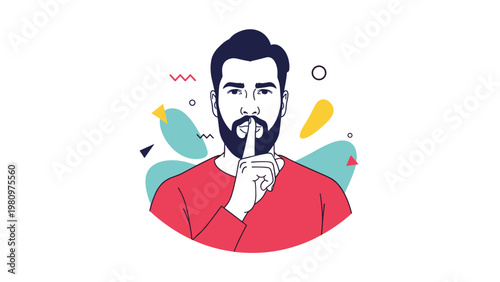 Handsome bearded man in a red shirt places his finger over his lips in a silence gesture surrounded by playful abstract graphics.