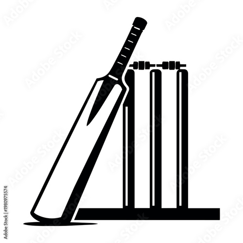 Cricket bat and wicket with stumps and bails. Simple black and white sports icon conveying competitive game and equipment