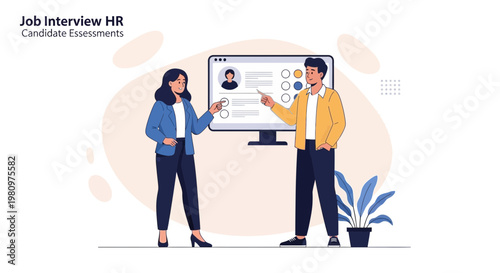 HR professionals assessing candidate profile on computer screen during job interview