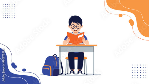 Focused young student sits at a classroom desk reading an orange book with a blue backpack resting on the floor beside him.