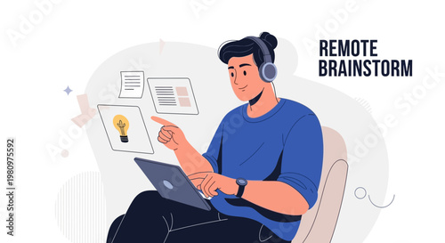 Remote Brainstorming: Man with Headphones and Tablet Collaborating Online