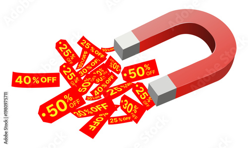Magnet pulling multiple discount sale tags, perfectly symbolizing attractive deals and promotions for retail, marketing, or business concept designs.