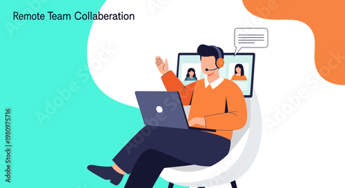 Remote Team Collaboration: Man Video Conferencing with Colleagues Online