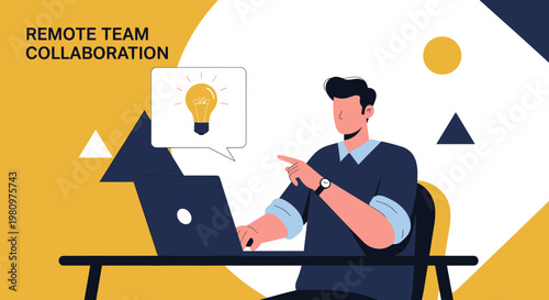 Remote Team Collaboration: Man with Laptop and Idea Lightbulb