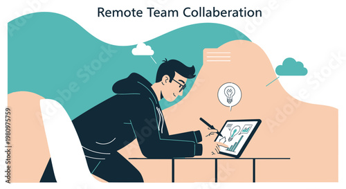 Remote Team Collaboration: Man Working on Tablet with Ideas and Charts