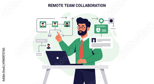 Remote Team Collaboration: Man Working on Laptop with Virtual Network Diagram