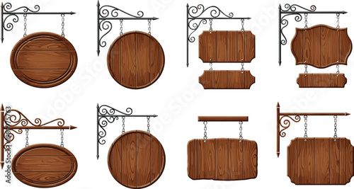 Set of Wooden Hanging Signboards with Decorative Metal Brackets for Shop, Cafe, and Vintage Business Sign Design Themes