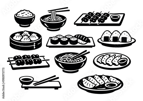 Set of monochrome vector icons featuring well-known Japanese dishes and snacks such as rice, noodles, and grilled skewers