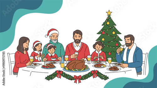 Large multi-generational family enjoys a traditional festive christmas dinner together around a table with a decorated tree.