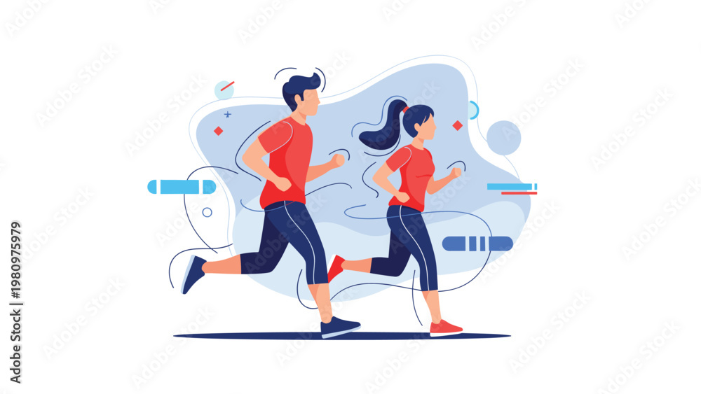 Fototapeta premium Active man and woman in athletic wear enjoy a morning jog together through an abstract landscape representing fitness and health.
