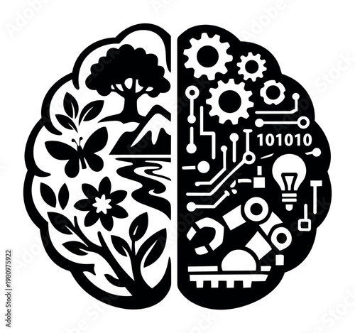 Human brain illustration displaying nature elements on one side and technology circuits on the other, representing creative and logical thinking