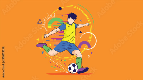 Dynamic illustration of a male soccer player kicking a football with vibrant abstract motion lines and geometric shapes.