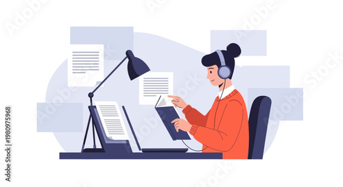 Student studying with headphones and books, focused on learning at desk