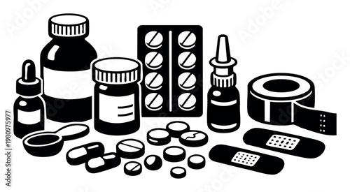 Medicine and healthcare supplies like containers, tablets, bandages, and a dosage spoon symbolizing care and well-being