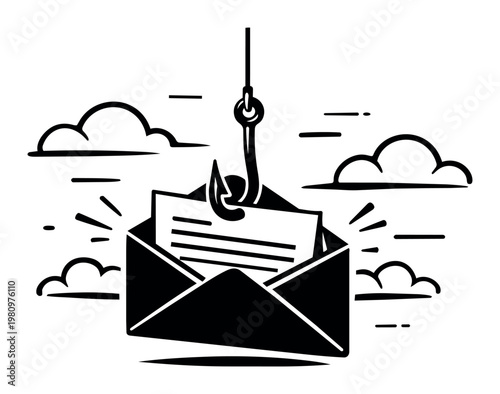 Phishing email getting caught by a fish hook, illustrating digital fraud, data theft, personal information scam, and cybercrime risk