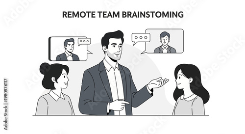 Remote Team Brainstorming: Diverse colleagues collaborating online via video conference