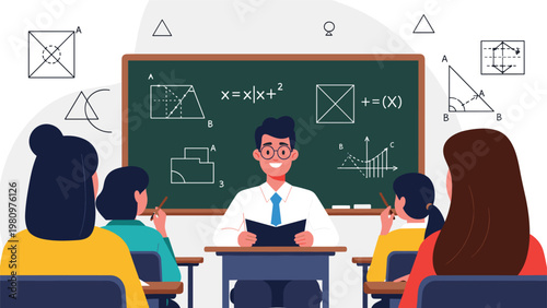 Male teacher standing in front of a green chalkboard with mathematical equations and geometric shapes while teaching students.