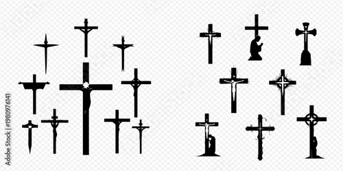 Collection of Christian cross silhouettes representing faith, religion, and spirituality in various designs and forms.