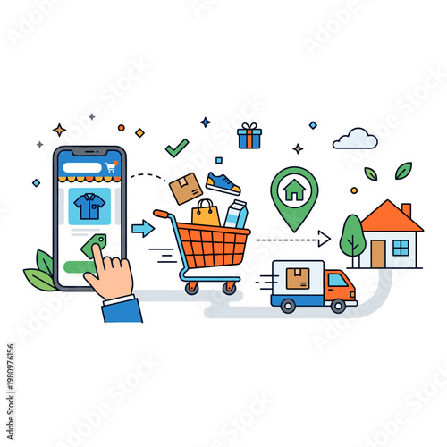 A hand taps a phone for online shopping delivery.