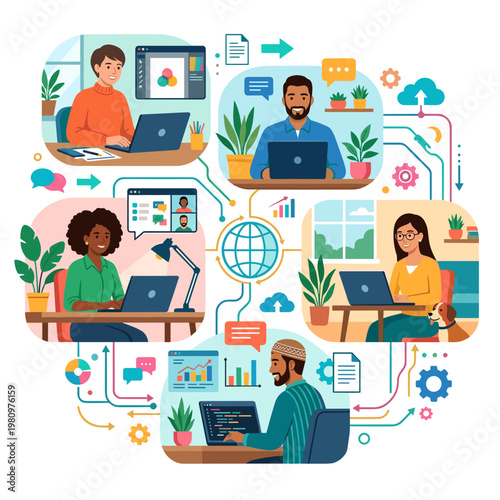 Diverse people collaborate remotely using laptops and technology.