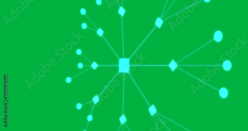 Cyan square appearing, unfolding into hub, arms extending, showing network on transparent canvas